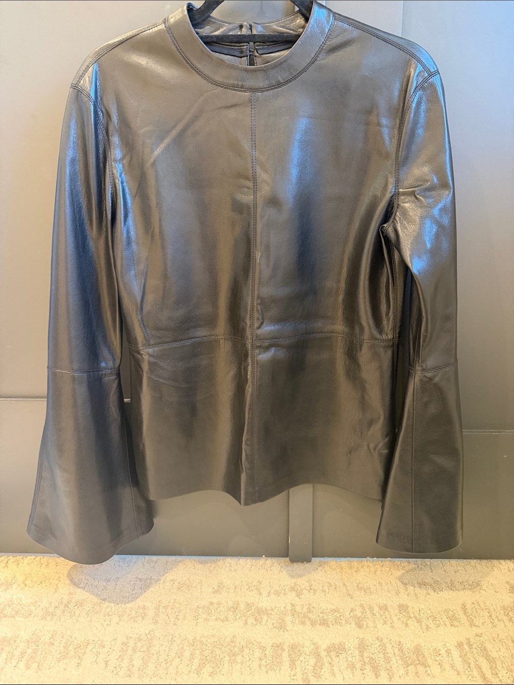 Nanushka Black Leather Crewneck Jacket with Flared Sleeves
